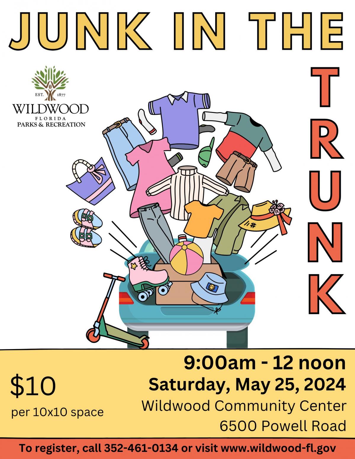 Wildwood Parks & Recreation "Junk In The Trunk" Event Saturday, May 25, 2024, 9am-12pm, Wildwood Community Center