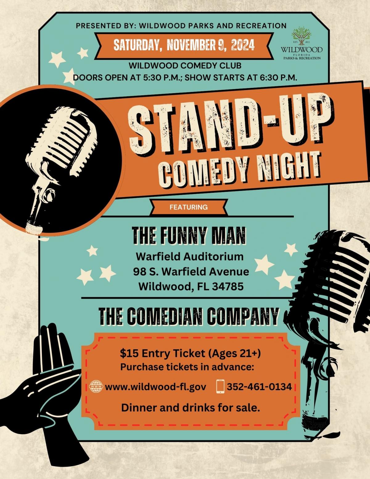 City of Wildwood Comedy Club, Saturday, November 9, 2024, 6:30pm - 8:00pm, Warfield Auditorium 98 S. Warfield Avenue