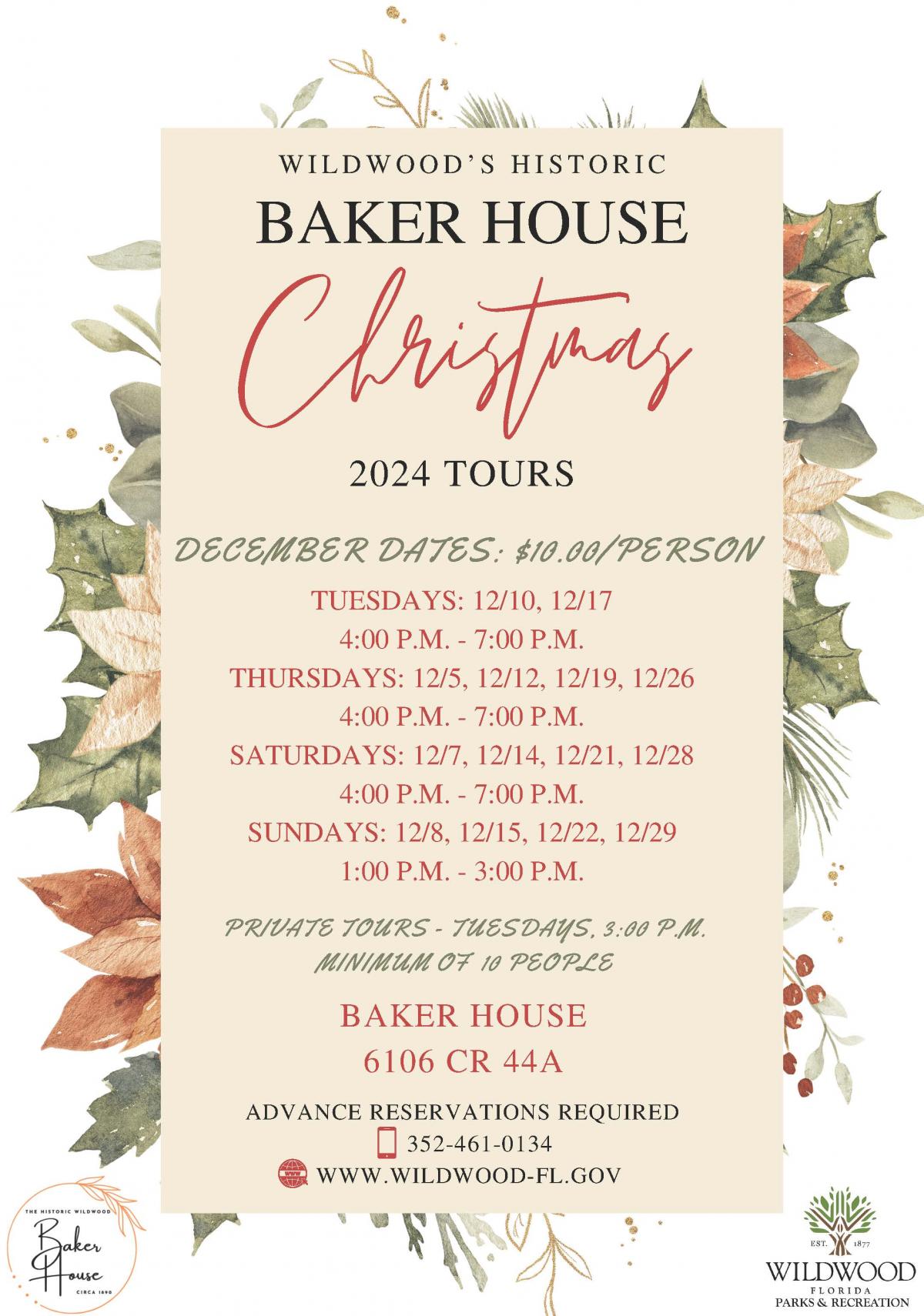 Baker House Christmas Tours, December 5-29, 2024, Baker House, 6106 CR 44A, Wildwood Fl, 34785
